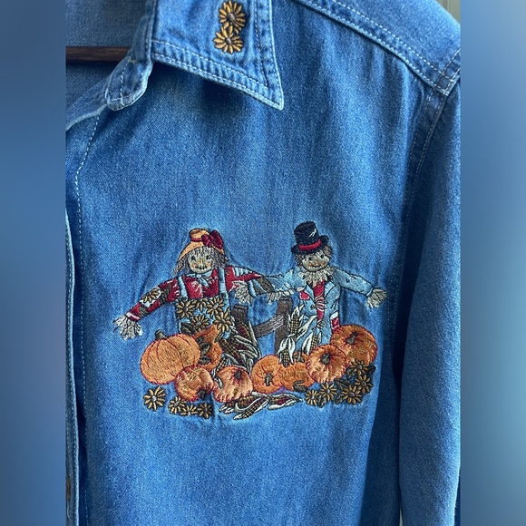 Vintage Fall Embroidered Denim Shirt Pumpkin Scarecrow Oversized Thanksgiving - Picture 3 of 12